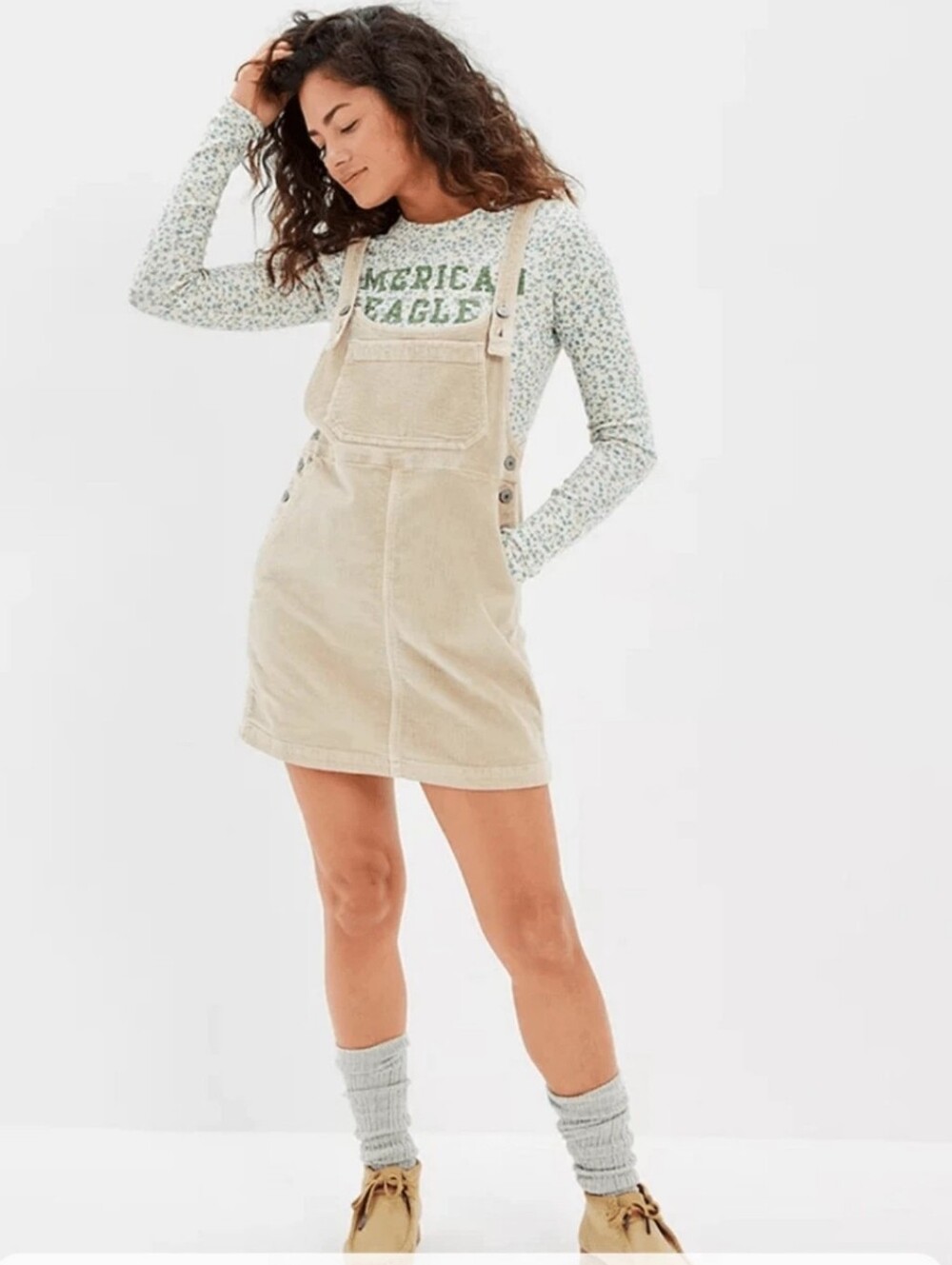 American Eagle Outfitters Beige Corduroy Overall Dress